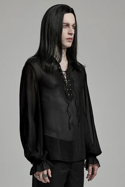 Black Lapel Collar Sheer Men's Gothic Blouse