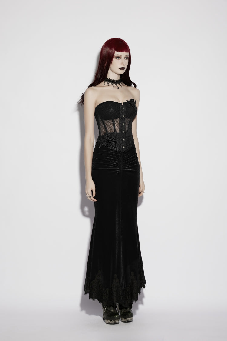 Black Embroidered Lace Lace-Up Slim Sheer Strappy Women's Gothic Corset
