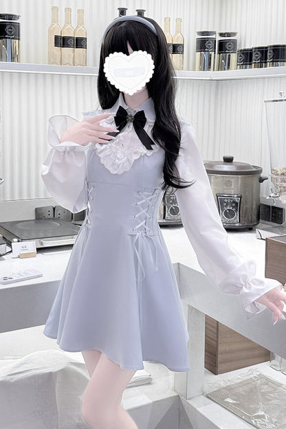 Aqua Long Sleeves Bowknot Lace-Up Sweet Jirai Kei Dress