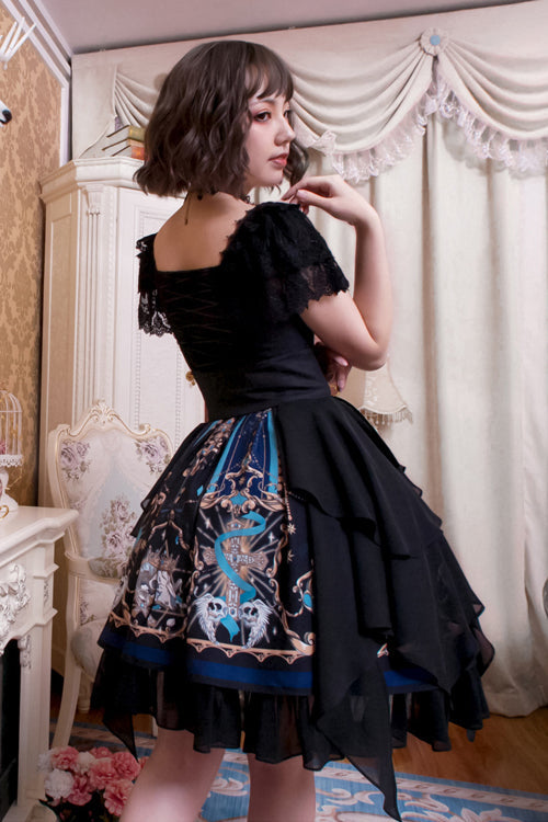Black Lace Short Sleeve God Redemption Print Gothic Lolita Dress