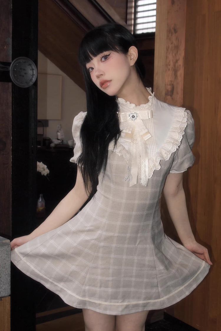 Apricot Short Sleeves Plaid Printed Lace Jirai Kei Japanese Dress