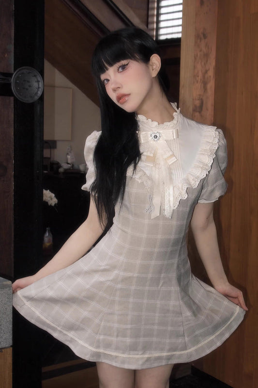 Apricot Short Sleeves Plaid Printed Lace Jirai Kei Japanese Dress