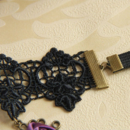 Black Lace Retro Wedding Cross Purple Rose Flower Female Gothic Lolita Armband Bracelet