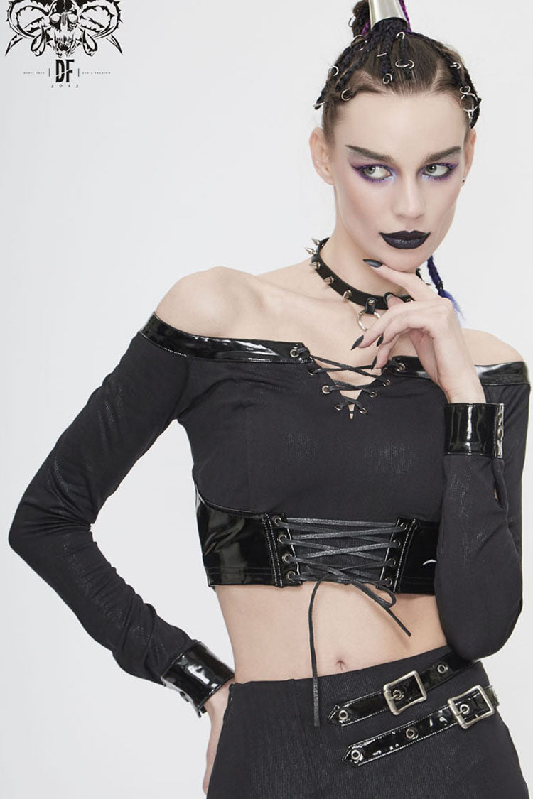 Black Long Sleeve Twill Off-Shoulder Chest Lace Up Splice Patent Leather Waist Seal Short Women's Punk T-Shirt