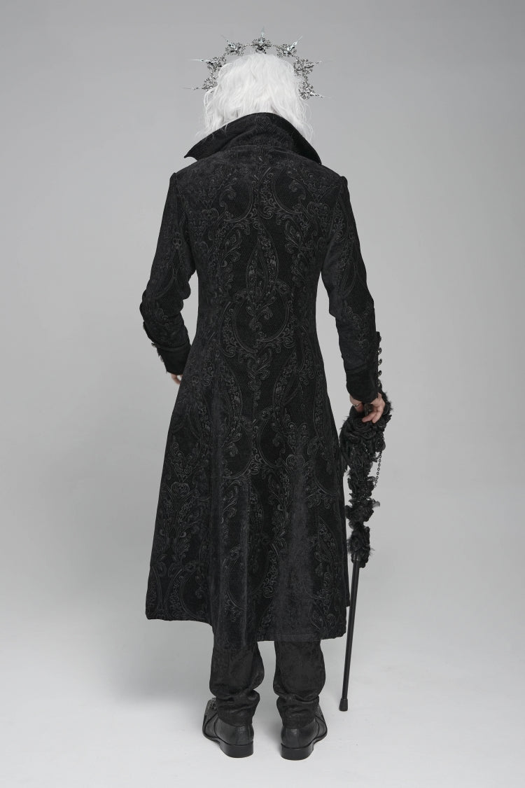 Black Diamante Stand Collar Long Sleeves Printed Zippered Men's Gothic Long Coat