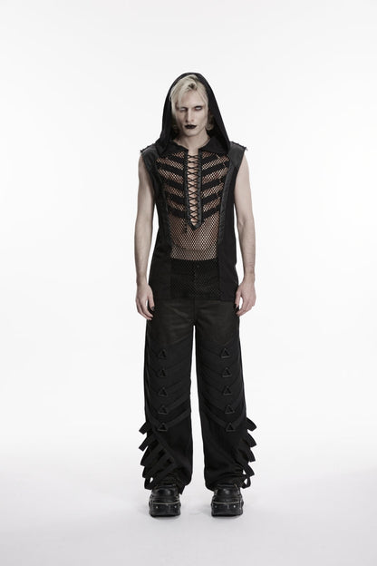 Black Multi-Layered Mesh Eyelet Men's Punk Cool Strappy Pants