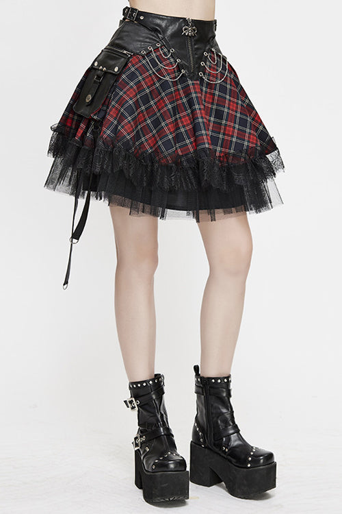 Black And Red Punk Lace Up Scottish Plaid Womens Skirts With Bag