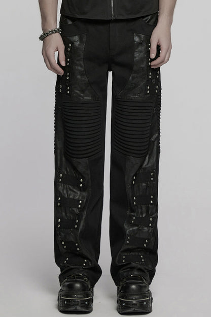 Black Pleated Faux Leather Stitching Men's Punk Straight Pants