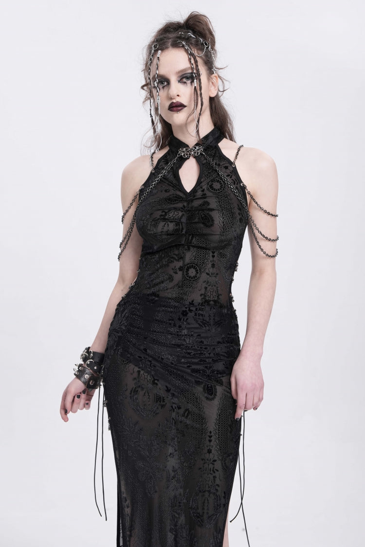 Black Halterneck Sleeveless Cheongsam Collar Side Slit Embroidery Women's Gothic Dress