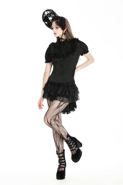 Black Point Collar Short Puff Sleeves Ruffled Women's Gothic Blouse