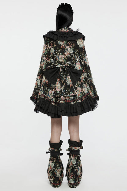 Black Long Sleeves Floral Print Ruffle Women's Gothic Lolita Kimono Dress Set