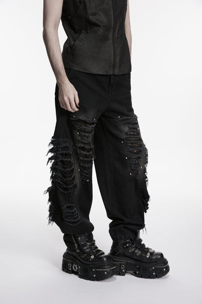 Black Irregular Mesh Ripped Studded Zippered Eyelet Men's Punk Handsome Cool Pants
