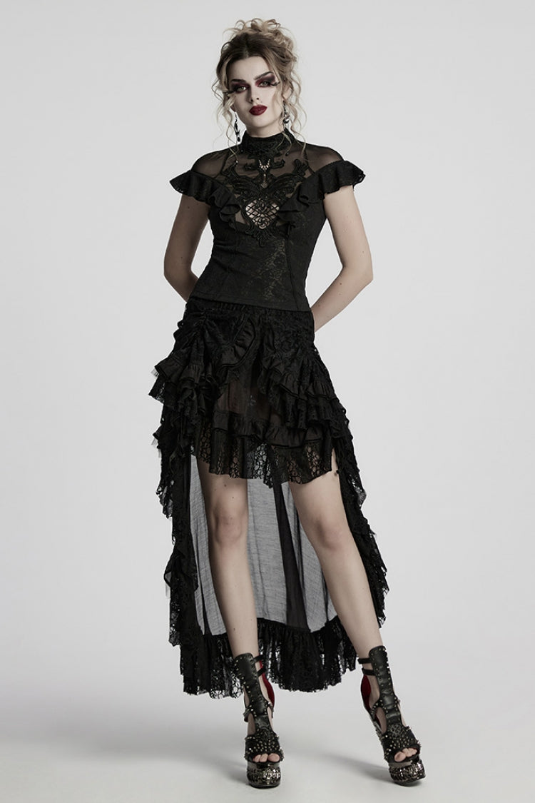 Black Drawstring Hollow Lace Women's Punk Skirt