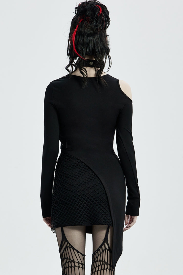 Black Off Shoulder Hollow Stitching Irregular Mesh Women's Steampunk Dress
