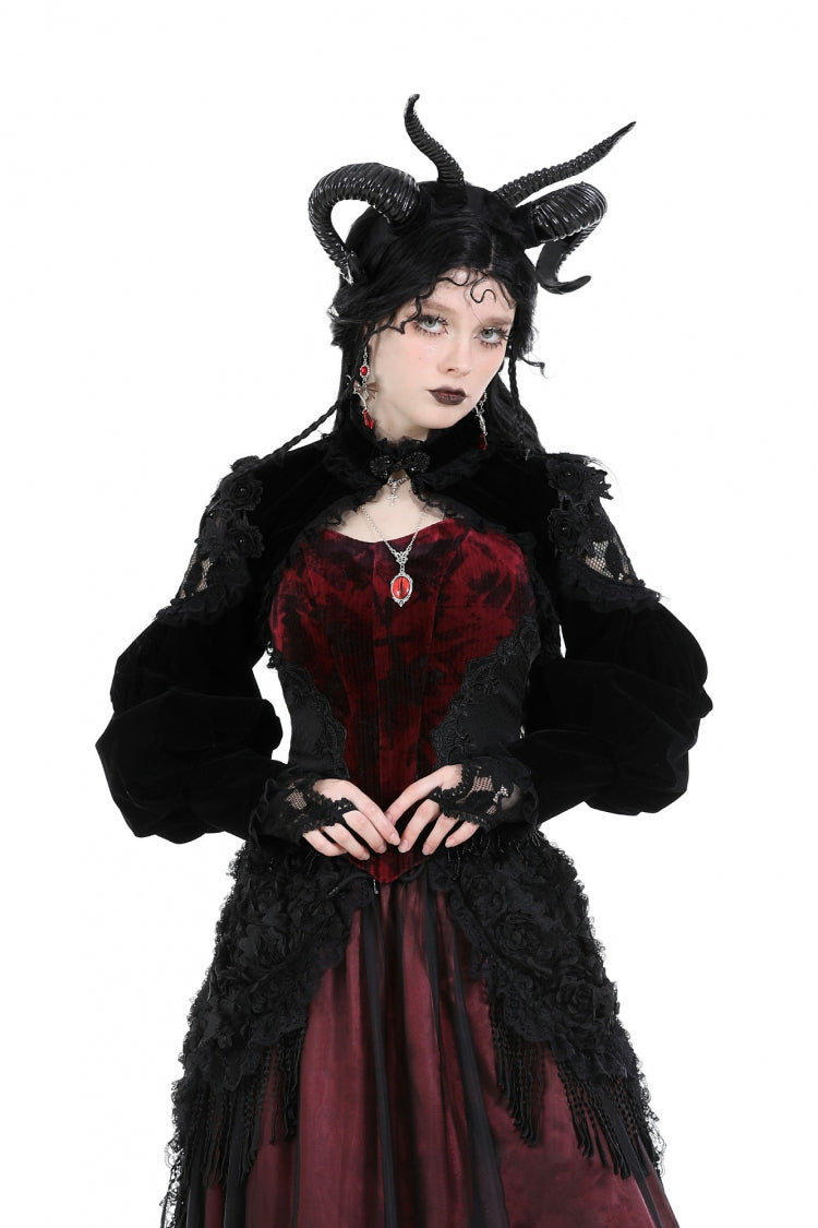 Black Long Lantern Sleeves Lace Spliced Velvet Women's Gothic Cape