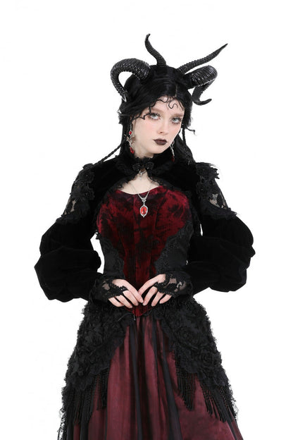 Black Long Lantern Sleeves Lace Spliced Velvet Women's Gothic Cape