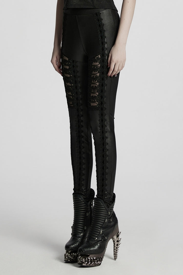 Black Floral Embroidery Women's Gothic Leggings