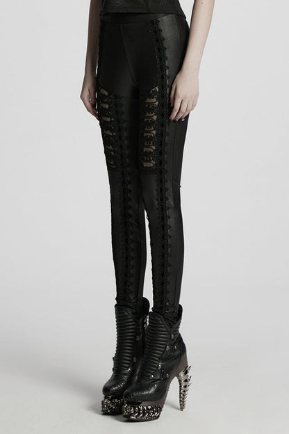 Black Floral Embroidery Women's Gothic Leggings