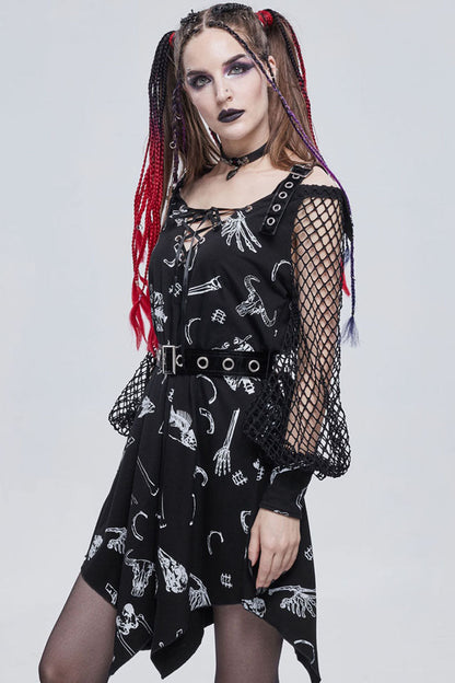 Black Gothic Knit Bone Print Sling Metal Grommet Strap Design Long Sleeve Women's Dress