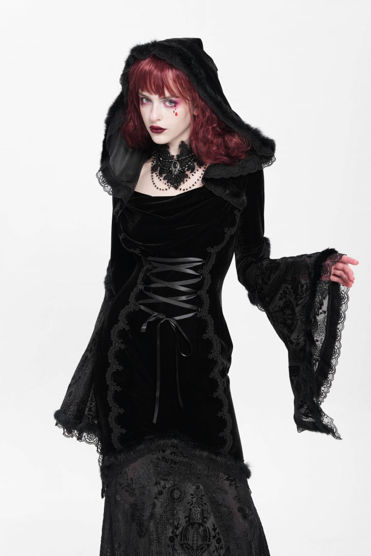 Black Long Trumpet Sleeves Embroidery Stitching Lace Hooded Mesh Women's Gothic Dress
