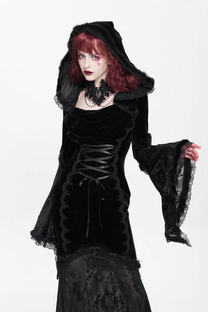 Black Long Trumpet Sleeves Embroidery Stitching Lace Hooded Mesh Women's Gothic Dress