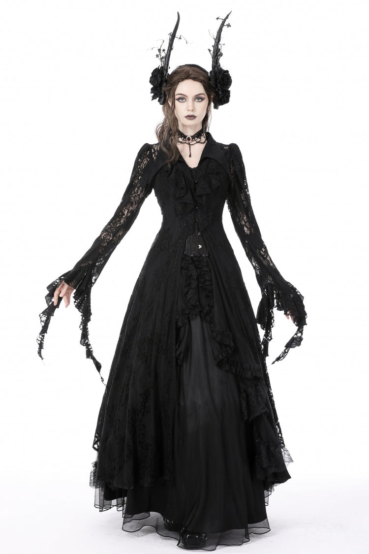 Black Lapel Collar Long Sleeves Ruffled Irregular Lace Lace-Up Women's Gothic Jacket Dress