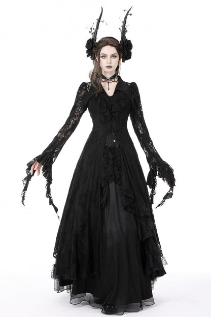 Black Lapel Collar Long Sleeves Ruffled Irregular Lace Lace-Up Women's Gothic Jacket Dress