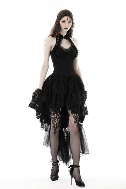 Black Off Shoulder Halterneck Sleeveless Irregular High Low Multi-Layered Lace Women's Gothic Dress