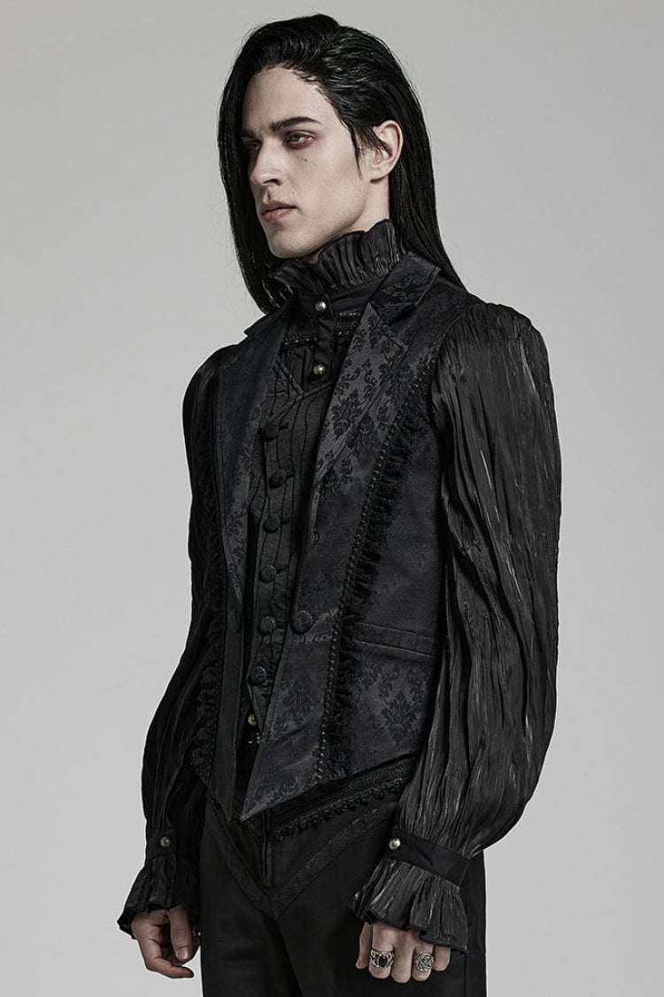 Black Lapel Collar Multi-layer Floral Print Ruffle Lace Mens Gothic Vest
