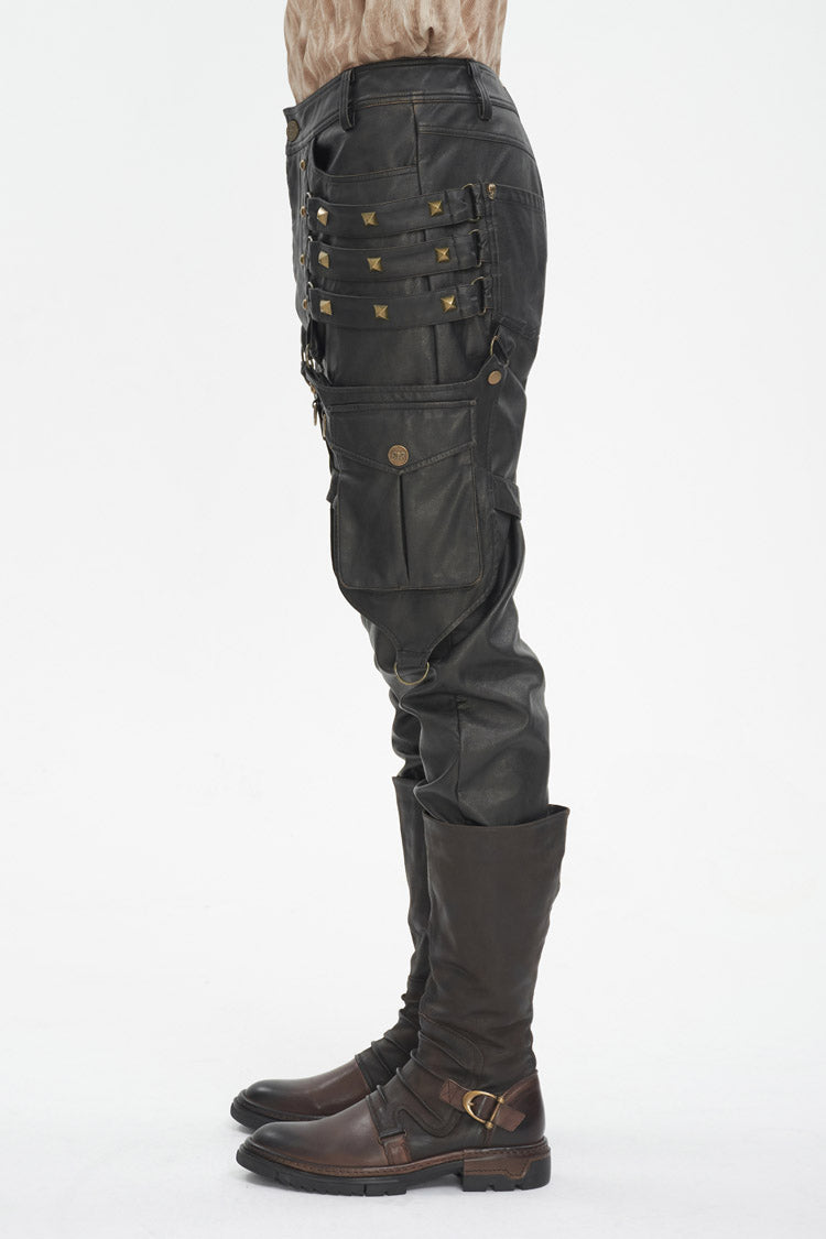 Black Big Pocket Bronze Studded Faux Leather Men's Gothic Pants