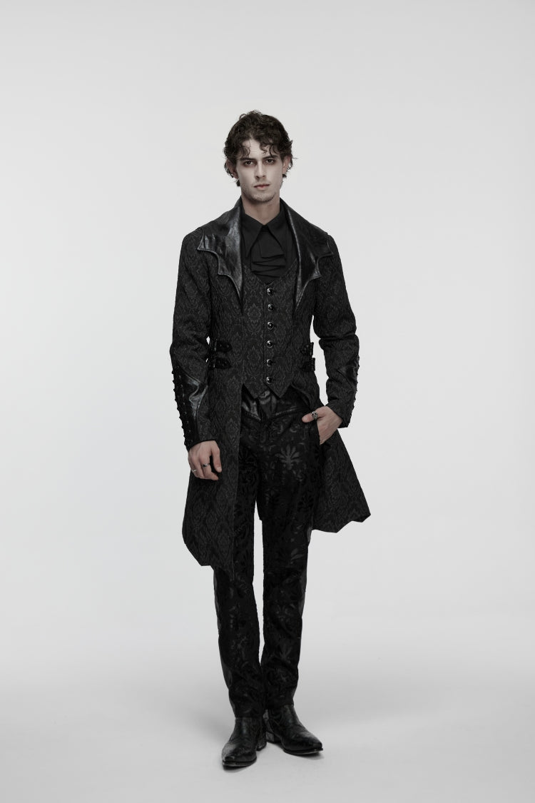 Black Lapel Collar Long Sleeves Jacquard Spliced Lace-Up Slim Buckled Men's Gothic Coat