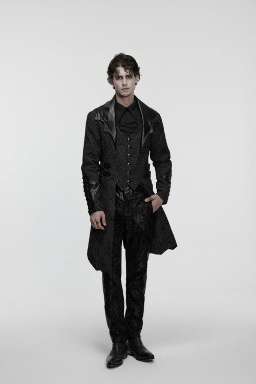 Black Lapel Collar Long Sleeves Jacquard Spliced Lace-Up Slim Buckled Men's Gothic Coat