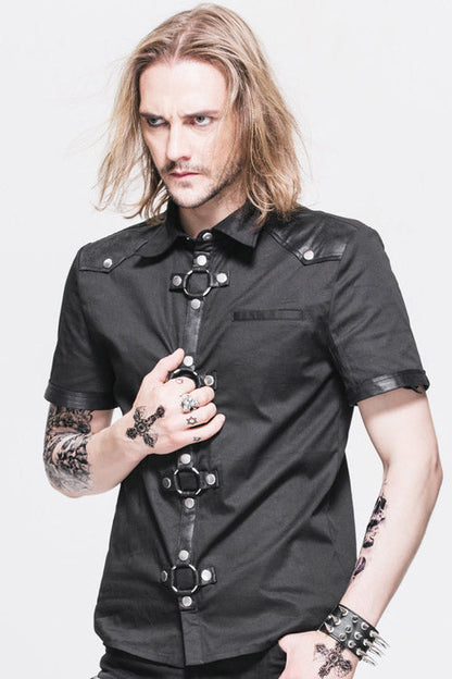 Black Locomotive Lapel Collar Short Sleeves Cotton Mens Punk Blouse