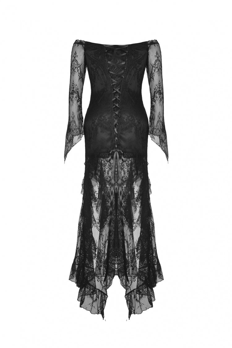 Black Off Shoulder Long Sleeves Lace Lace-Up Women's Gothic Mermaid Wedding Dress