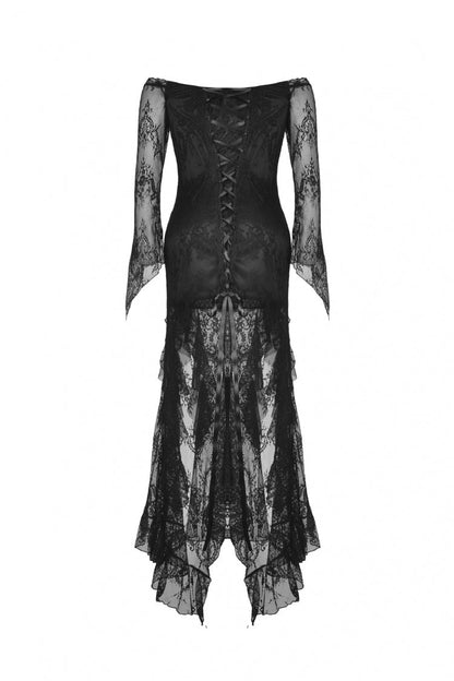 Black Off Shoulder Long Sleeves Lace Lace-Up Women's Gothic Mermaid Wedding Dress