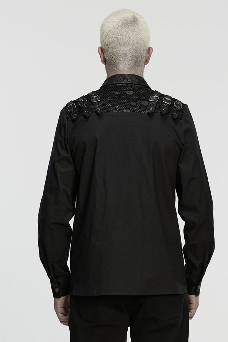 Black Lapel Collar Long Sleeves Stitching Buckle Straps Men's Punk Blouse