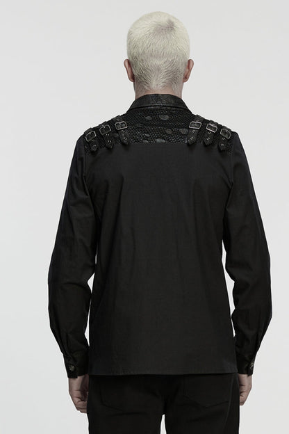 Black Lapel Collar Long Sleeves Stitching Buckle Straps Men's Punk Blouse