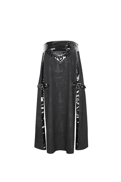 Black Patent Leather Splice Split Men's Punk Skirt