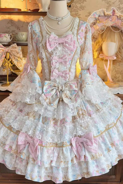 Apricot [Candlelight Elegance] Long Trumpet Sleeves Multi-Layered Ruffle Bowknot Lace Sweet Elegant Lolita Dress