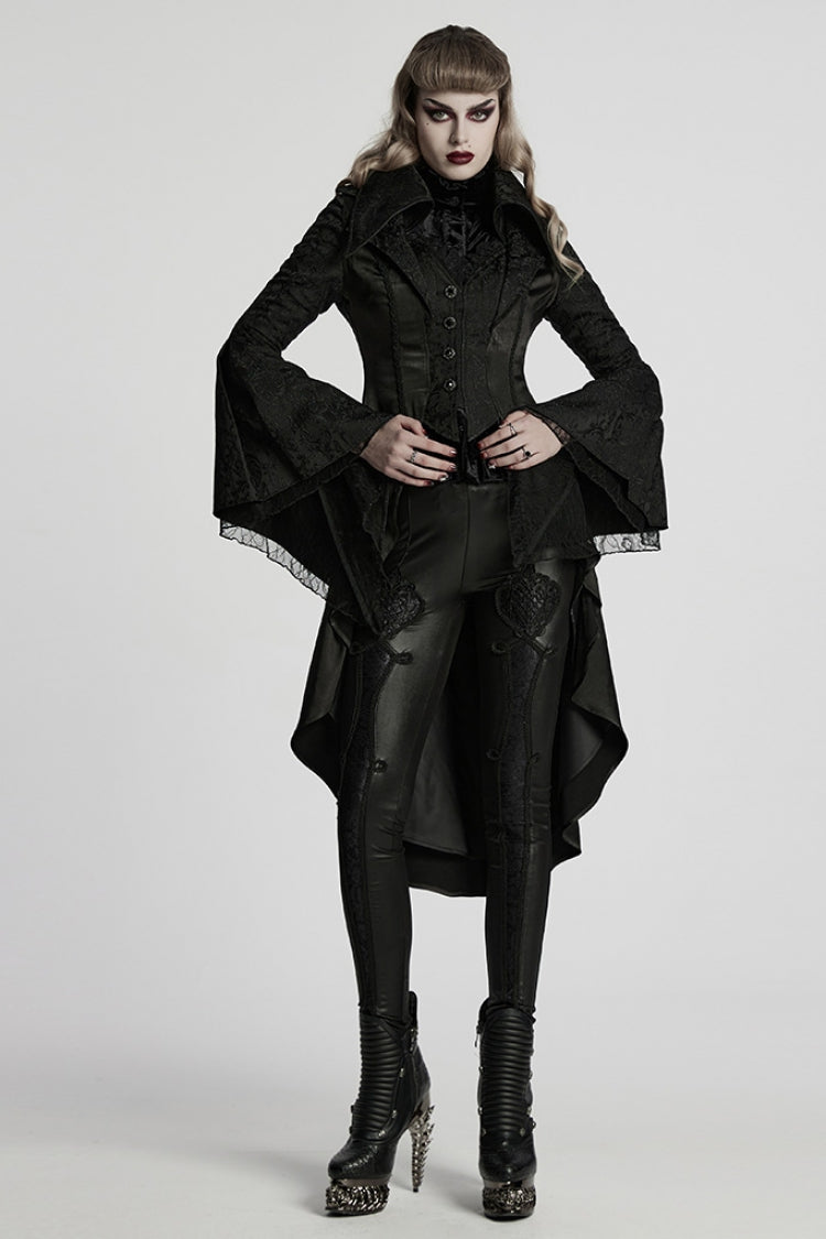 Black Lapel Collar Long Trumpet Sleeves Jacquard Women's Gothic Jacket
