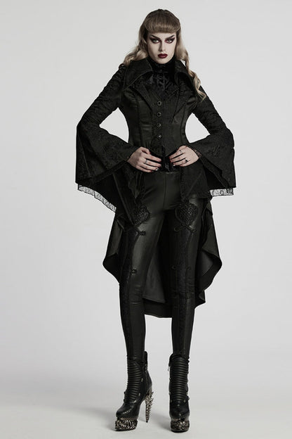 Black Lapel Collar Long Trumpet Sleeves Jacquard Women's Gothic Jacket