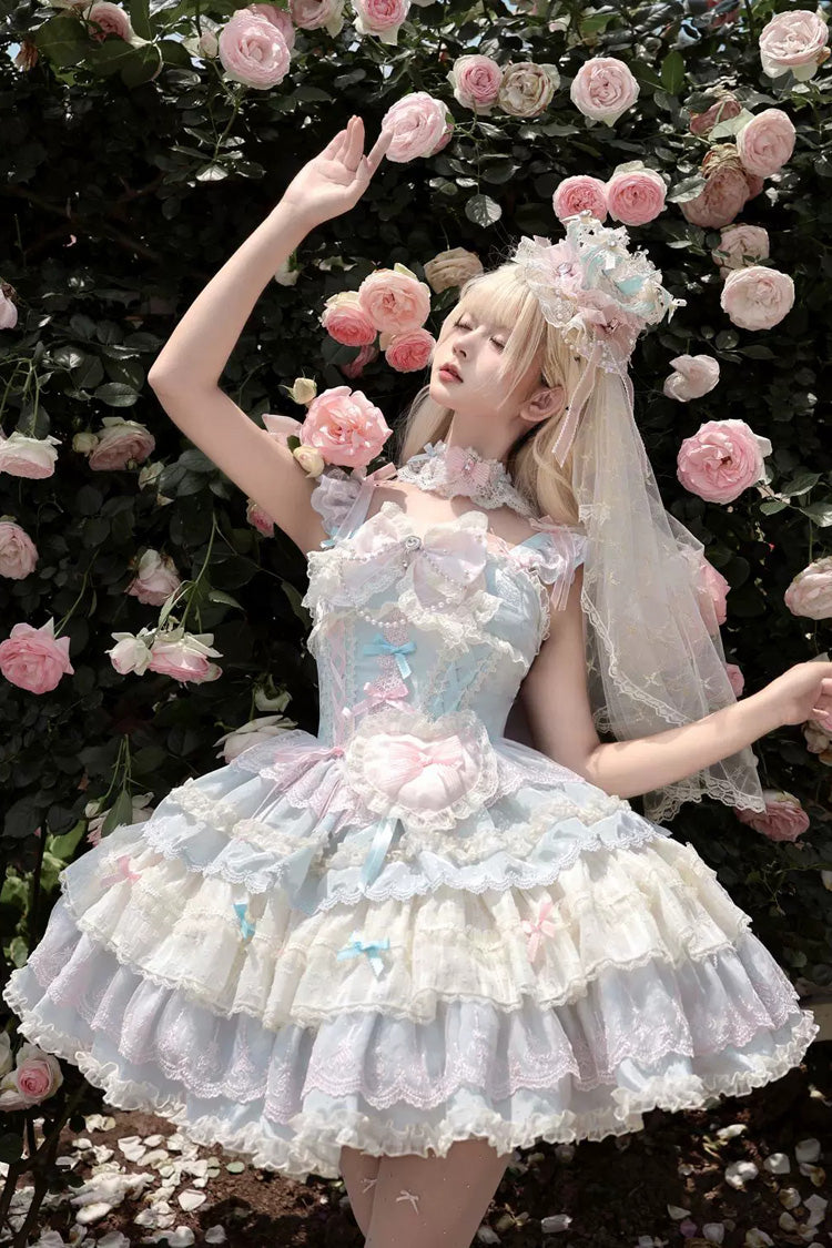 Bkue/Pink [Cloudwhale Dreamweaver] Square Collar Multi-Layered Ruffled Bow Lace Sweet Lolita Jsk Dress