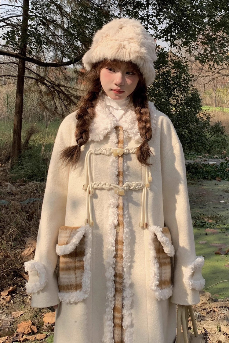 Beige Doll Collar Long Sleeves Plaid Print Stitching Sweet Lolita Coat