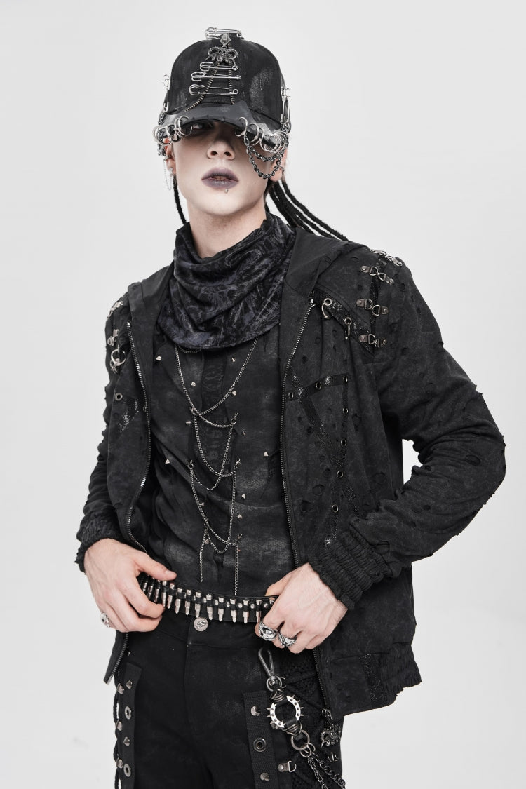 Black Long Sleeves Hexagram Print Hooded Ripped Pleated Men's Punk Coat