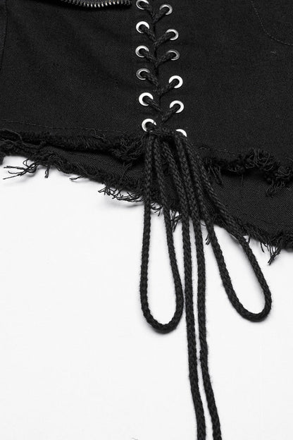 Black Lace-Up Women's Punk Denim Shorts with Detachable Pocket