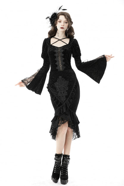 Black Jacquard Lace Lace-Up Women's Gothic Dovetail Wrap Skirt