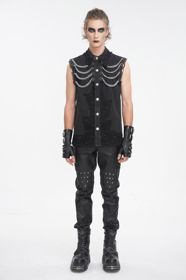 Black Lapel Collar Sleeveless Slim Men's Punk Vest