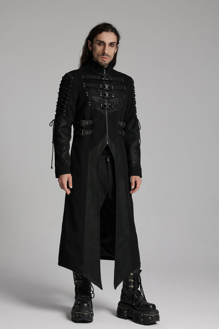 Black Buckle-up Rivets Long Sleeves Lace-Up Men's Punk Long Jacket