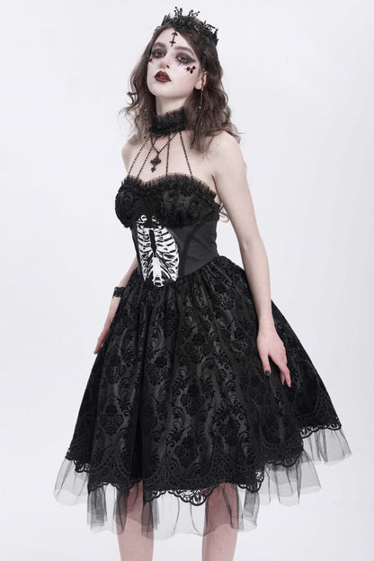 Black Halterneck Skeleton Print Embroidery Stitching Lace Women's Gothic Dress