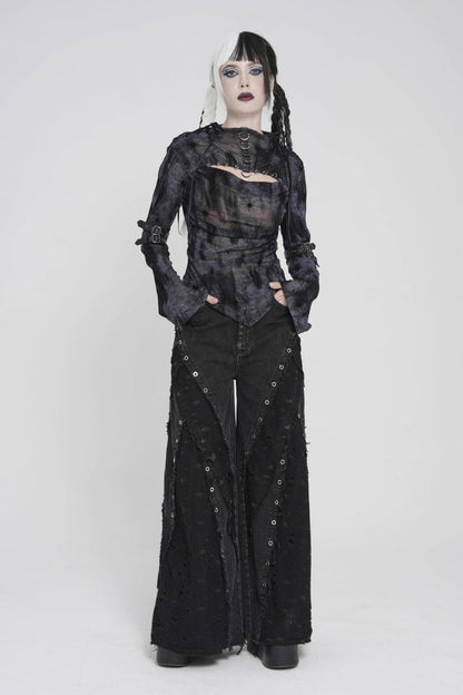 Black Cut-Out Spliced Mesh Eyelet Women's Punk Layered Ripped Pants